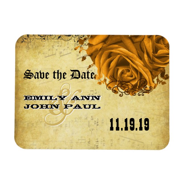 Musical Gold Heart Rose Save the Date Magnet (Horizontal)