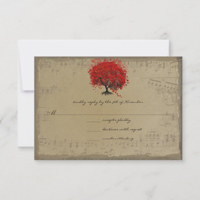 Musical Gold Red Heart Leaf Tree RSVP Karte (Vorderseite)