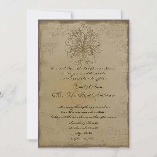 Musical Gold Swirl Tree Einladung Hochzeit (Vorderseite)