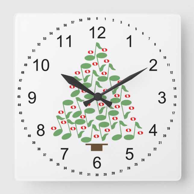 Musical Green Christmas Tree Quadratische Wanduhr (Vorderseite)