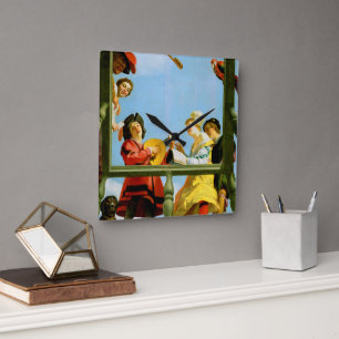 Musical Group on Balcony Fine Art Dutch Painting Quadratische Wanduhr