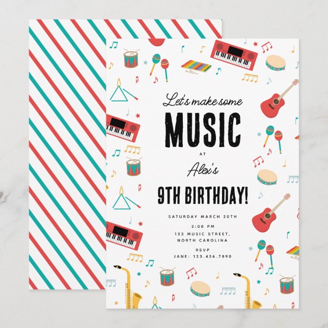 Musical Instruments Music Theme Birthday Party Einladung (Vorne/Hinten)