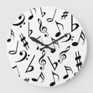 Musical Notes Music Clock : Black and White Große Wanduhr