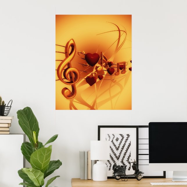 Musical Notes Treble Clef Hört Gold & Red Poster (Heimbüro)