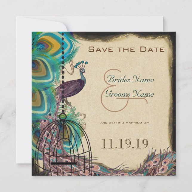 Musical Peacock Bird Cage Eggplant Save the Date (Vorderseite)