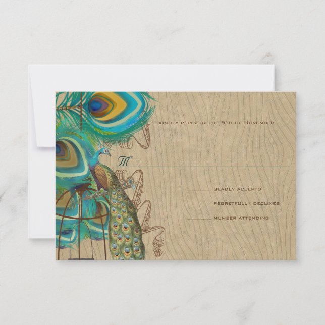 Musical Peacock Bird Cage Feather Wedidng UAWG RSVP Karte (Vorderseite)