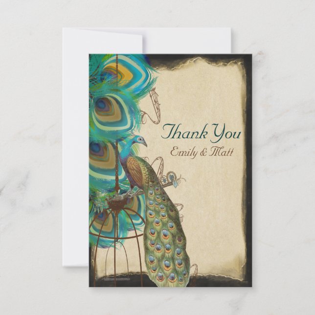 Musical Peacock Birdcage Feather Wedding Vielen Da Dankeskarte (Vorderseite)