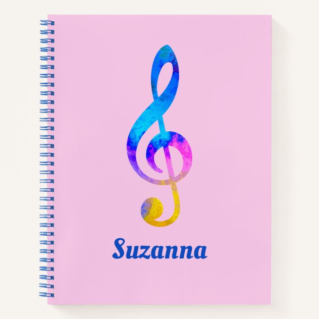 Musical Rainbow Swirl Treble Clef und Name Rosa Notizbuch (Vorderseite)