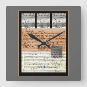 Musical Score collage wall clock Quadratische Wanduhr