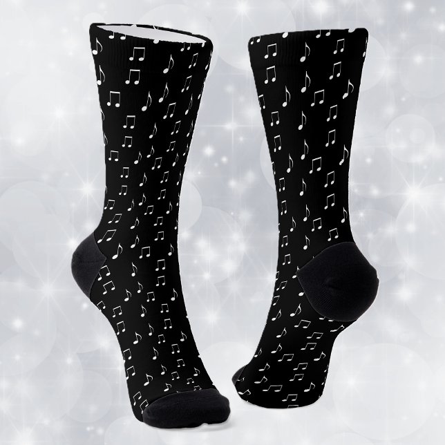 Musical Theme White Musiknotens auf schwarz Socken (Musical themed crew socks with various white music notes on black socks.)