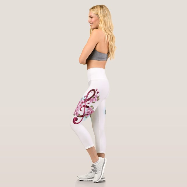 Musical treble clef notes with Sakura flowers Capri Leggings (Links)