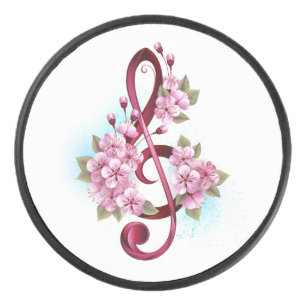 Musical treble clef notes with Sakura flowers Eishockey Puck