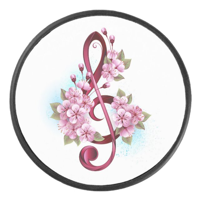 Musical treble clef notes with Sakura flowers Eishockey Puck (Vorderseite)