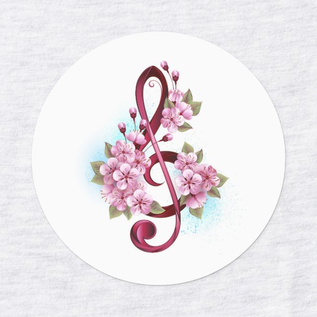 Musical treble clef notes with Sakura flowers Etiketten (Design 1)