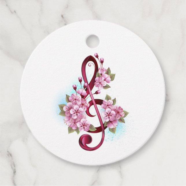 Musical treble clef notes with Sakura flowers Geschenkanhänger (Vorderseite)