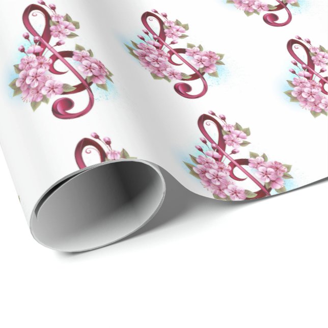 Musical treble clef notes with Sakura flowers Geschenkpapier (Rolleneckpunkt)