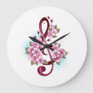 Musical treble clef notes with Sakura flowers Große Wanduhr
