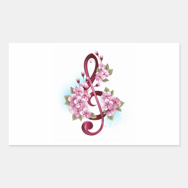 Musical treble clef notes with Sakura flowers Rechteckiger Aufkleber (Vorderseite)