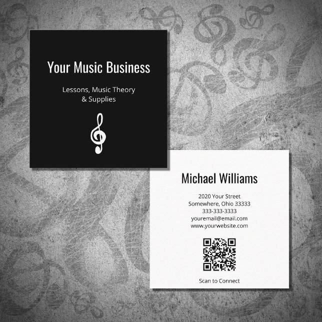Musical Treble Clef QR Code Music Lessons Black Quadratische Visitenkarte (Von Creator hochgeladen)