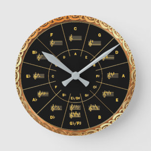Music's Circle of Fifths in Gold and Black Runde Wanduhr