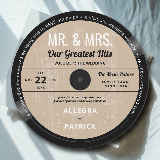 Musik Beste Hits Retro Vintag Ecru Hochzeit Einladung (music wedding invitation vinyl record vintage retro black white ecru mr mrs greatest hits casual)