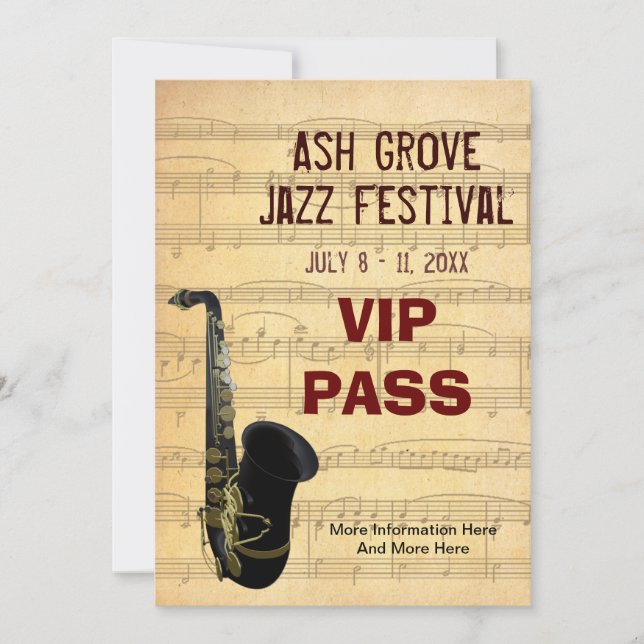 Musik Festival Pass Saxophone Musik Thema Vorlage (Vorderseite)