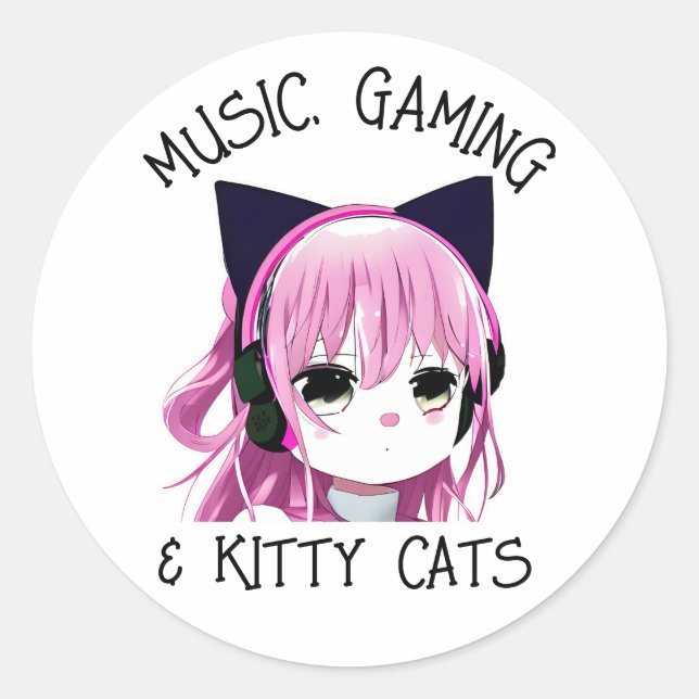 Musik, Gaming und Kitty Cat Anime Girl Runder Aufkleber (Vorderseite)