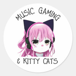 Musik, Gaming und Kitty Cat Anime Girl Runder Aufkleber