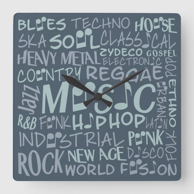 Musik Genres-Wort-Collagenwanduhr Quadratische Wanduhr (Vorderseite)