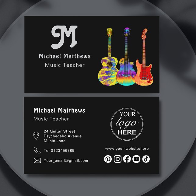 Musik-Gitarre-Lehrer-Logo und Social Media Custom Visitenkarte (Music guitar teacher custom logo social media business card)