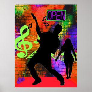 Musik-Gitarren-Mann-und Mädchen-Neon-Farben Poster