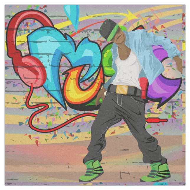 Musik-Graffiti-Wand-Gewebe des Tanzen-Mann-2 Stoff (Muster)