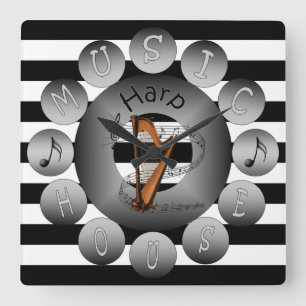 Musik-Haus-Uhr ~ Harfe ~ Spiralen-Skala ~Stripes ~ Quadratische Wanduhr
