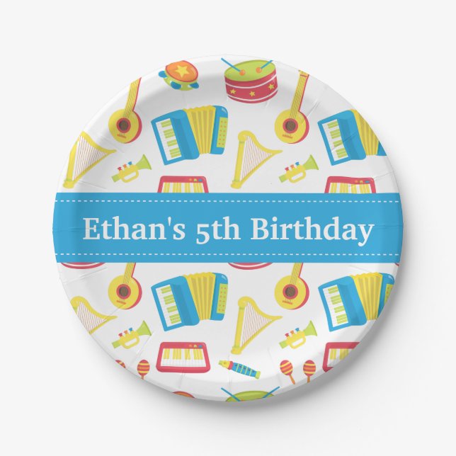 Musik-Instrument-Kindergeburtstag-Party-Blau-Fahne Pappteller (Vorderseite)
