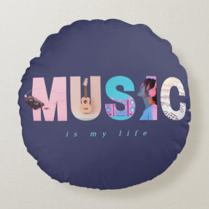 Musik ist mein Leben Retro Y2K Tech Gamer Lila Rundes Kissen