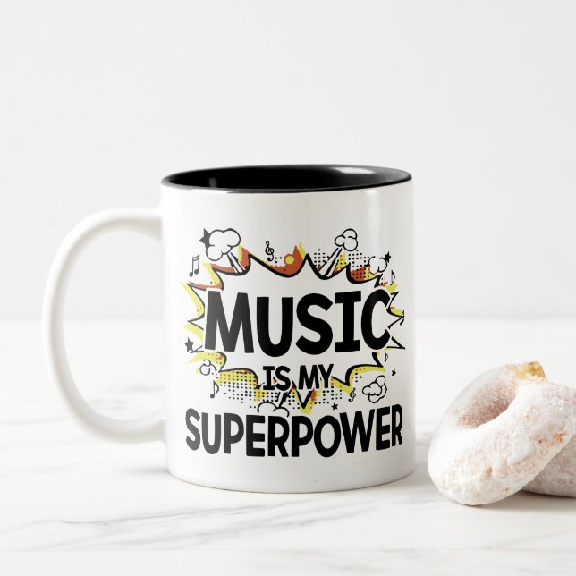 Musik ist meine Supermacht-rote und gelbe Zweifarbige Tasse (Mit Donut)