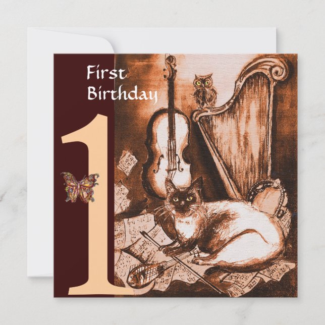 MUSIK KATZE Geburtstagsparty Brown Champagne Einladung (Vorderseite)