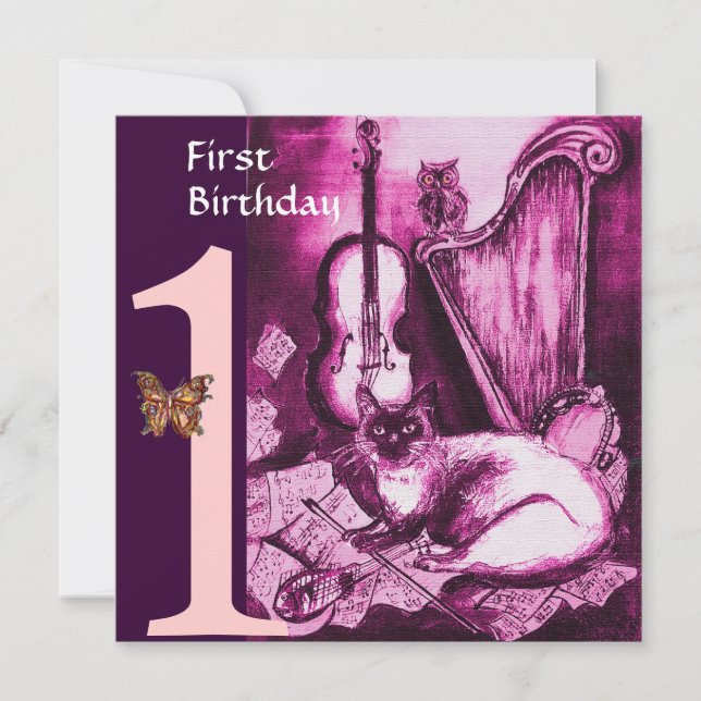 MUSIK KATZE Pink Fuchsia Erster Geburtstag Party Einladung (Vorderseite)