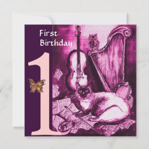 MUSIK KATZE Pink Fuchsia Erster Geburtstag Party Einladung