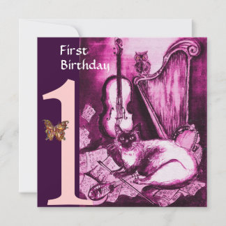 MUSIK KATZE Pink Fuchsia Erster Geburtstag Party Einladung