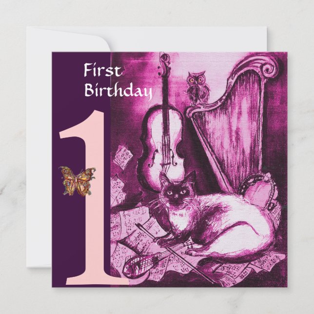 MUSIK KATZE Pink Fuchsia Erster Geburtstag Party Einladung (Vorderseite)