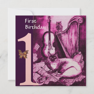 MUSIK KATZE Pink Fuchsia Erster Geburtstag Party Einladung