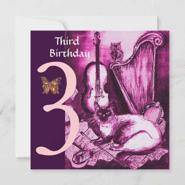 MUSIK KATZENPink Fuchsia Dritte Geburtstagspartei Einladung (Vorderseite)