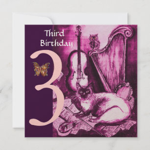 MUSIK KATZENPink Fuchsia Dritte Geburtstagspartei Einladung