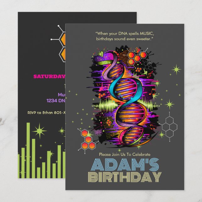 Musik läuft am Geburtstag in Ihrer DNA Einladung (Vorne/Hinten)
