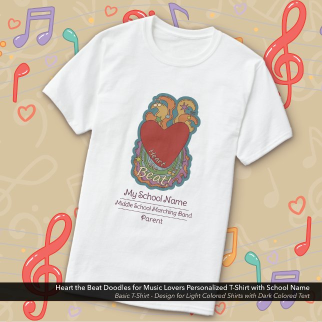 Musik Liebhaber Herzklassentools - Individuelle Sc T-Shirt (Heart the Beat Doodle School Band T-Shirt Personalized with Your School Name for Parents)