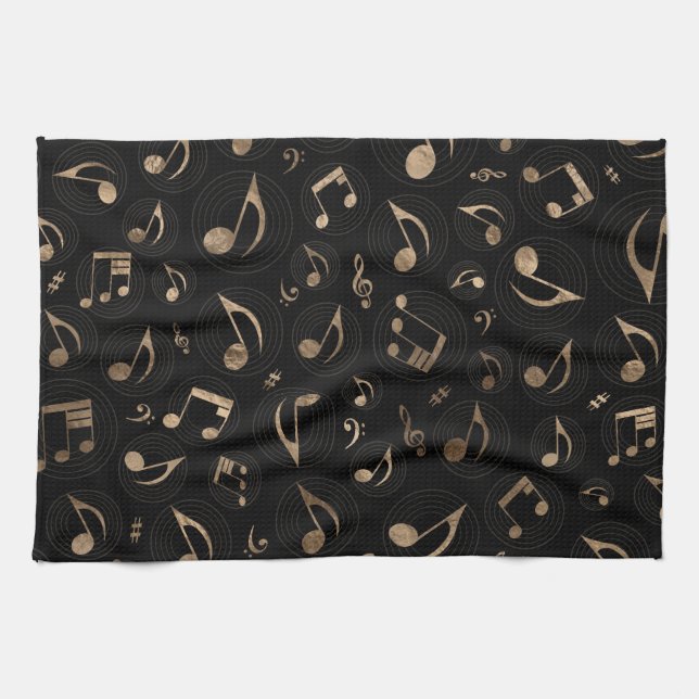 Musik-Muster - Schwarzes und Gold Geschirrtuch (Horizontal)