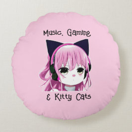Musik, Spiele und Katzen | Anime Girl Rundes Kissen