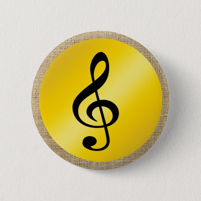 Musik Symbol Clef Noten in Burlap Gold Black Button (Vorderseite)