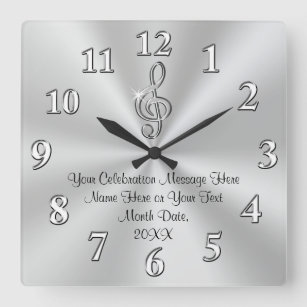 Musik-Themed Wall-Uhr, Silver Treble Clef-Dekorati Quadratische Wanduhr
